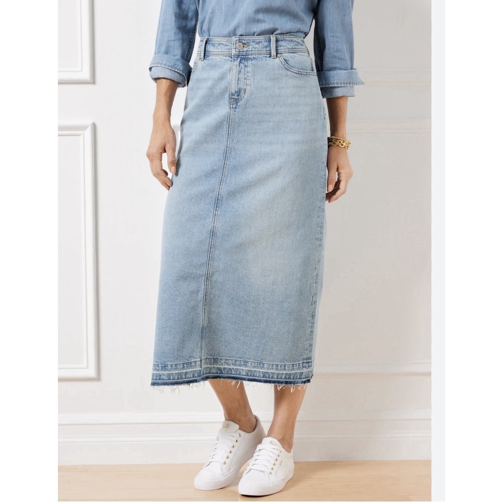 Talbots Women's Drop Hem Denim Midi Skirt Light Blue Wash Size 16 NWT